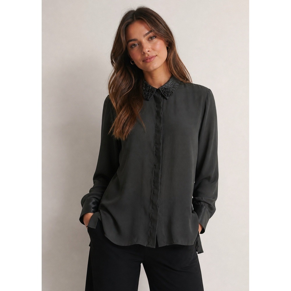 H&M Sheer Black Beaded Collar Career Blouse Shirt‎ Top Size 14